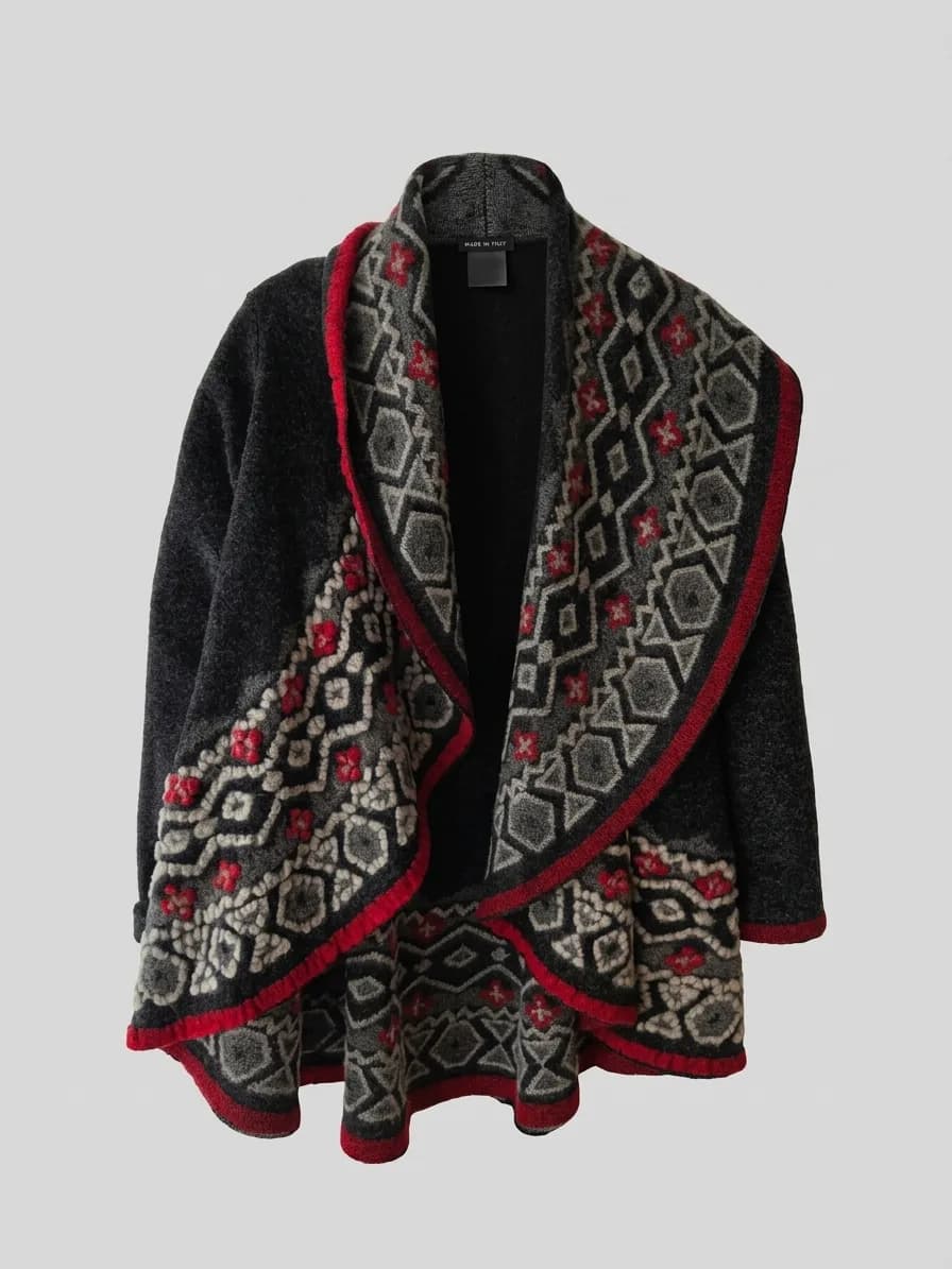 Casaco Preto 100% Lã com Estampa Étnica Feminino Tam. M