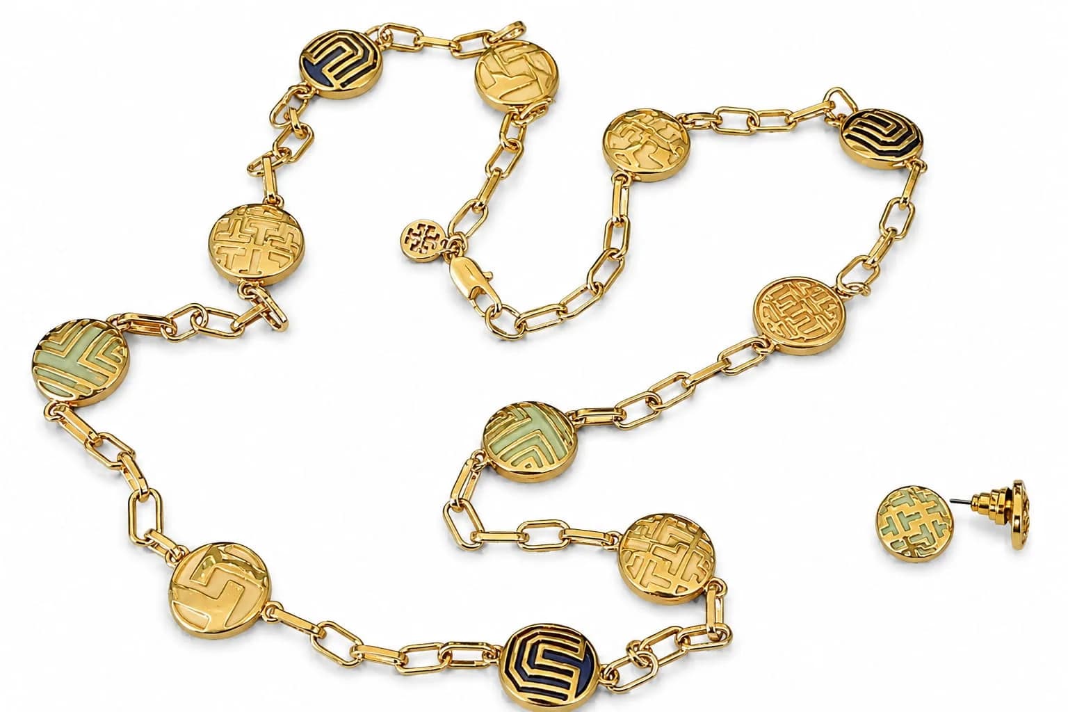 Colar Longo Tory Burch Dourado com Medalhas e Brincos